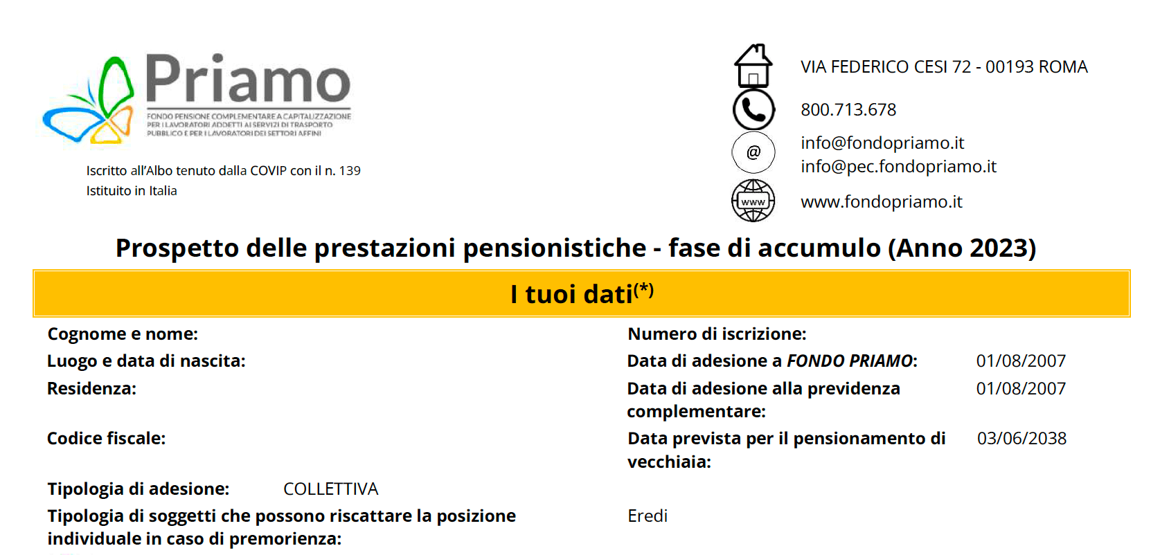 Prospetto delle prestazioni pensionistiche - fase di accumulo